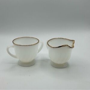 Vintage Fire King Oven Ware Cream and Sugar Set gold trim